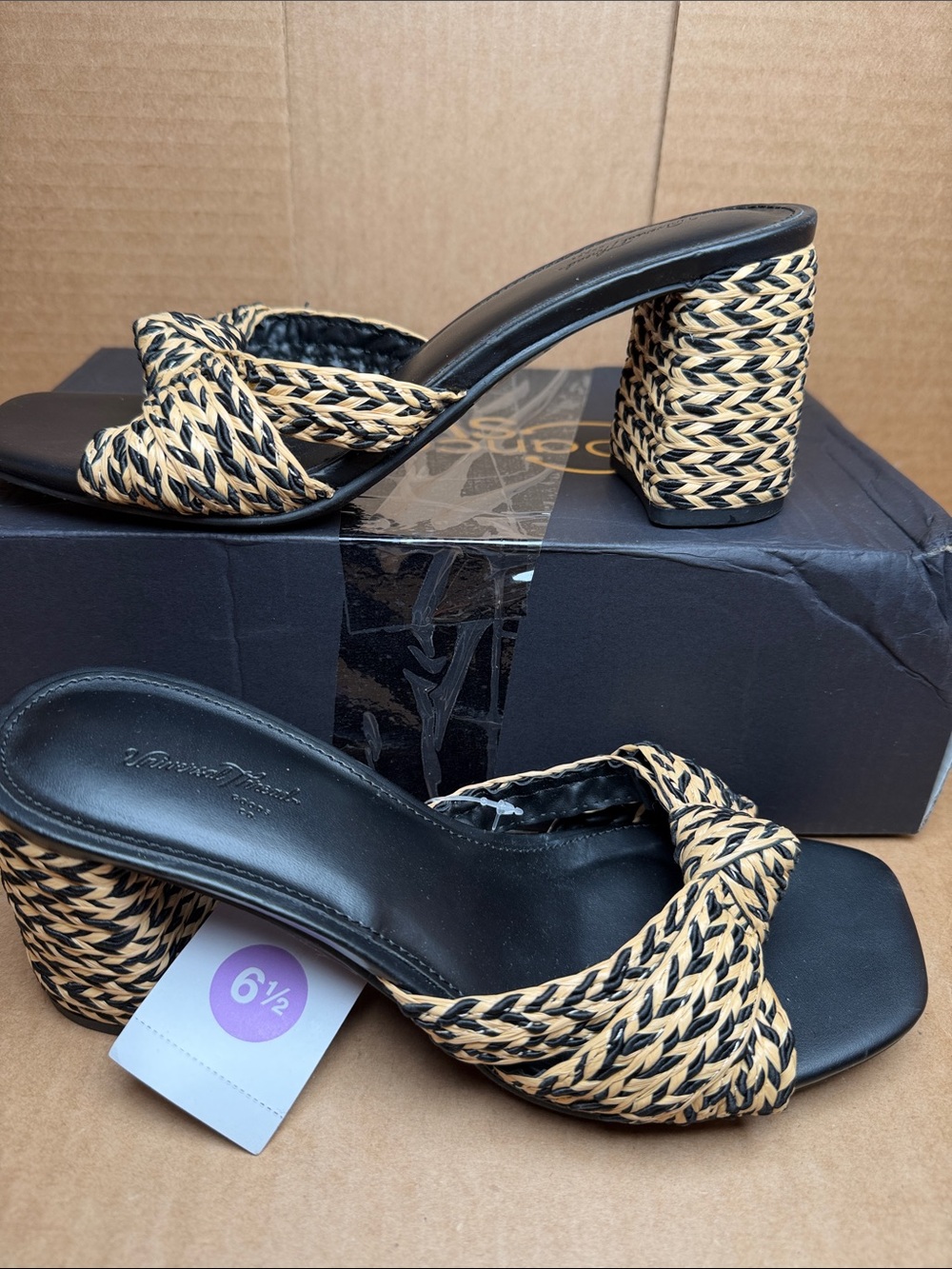Universal Thread Black and Tan Braided Block Heel Mules Without Box